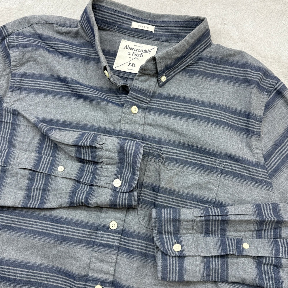 Abercrombie & Fitch Button Down Mens XXL Grey Navy Blue Striped Muscle Fit Shirt